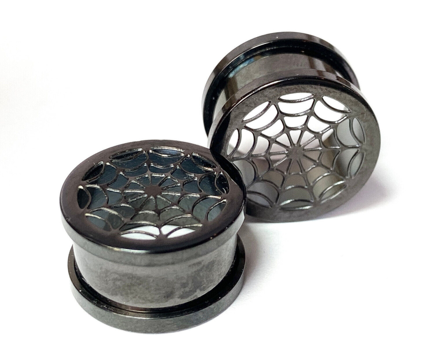 PAIR Black Spider Web Surgical Steel Tunnels Spiderweb Ear Plugs Earlets Gauges