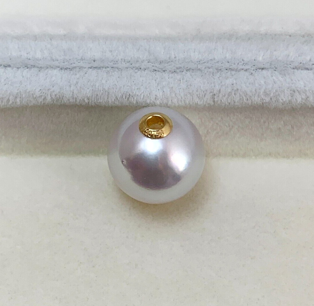 10.8mm Round White Rose South Sea Loose Full Drilled Pearl, 18k Yellow Gold
