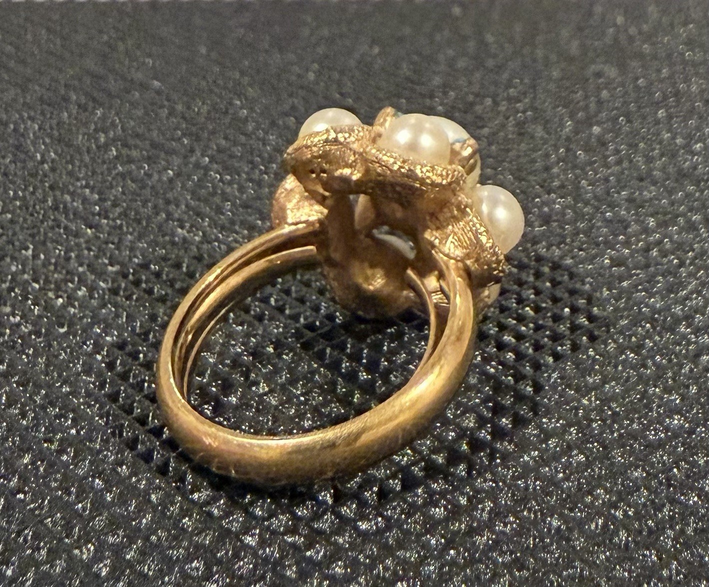 Vintage Gold Tone Cluster Ring Faux Pearl & Turquoise Adjustable 7ish