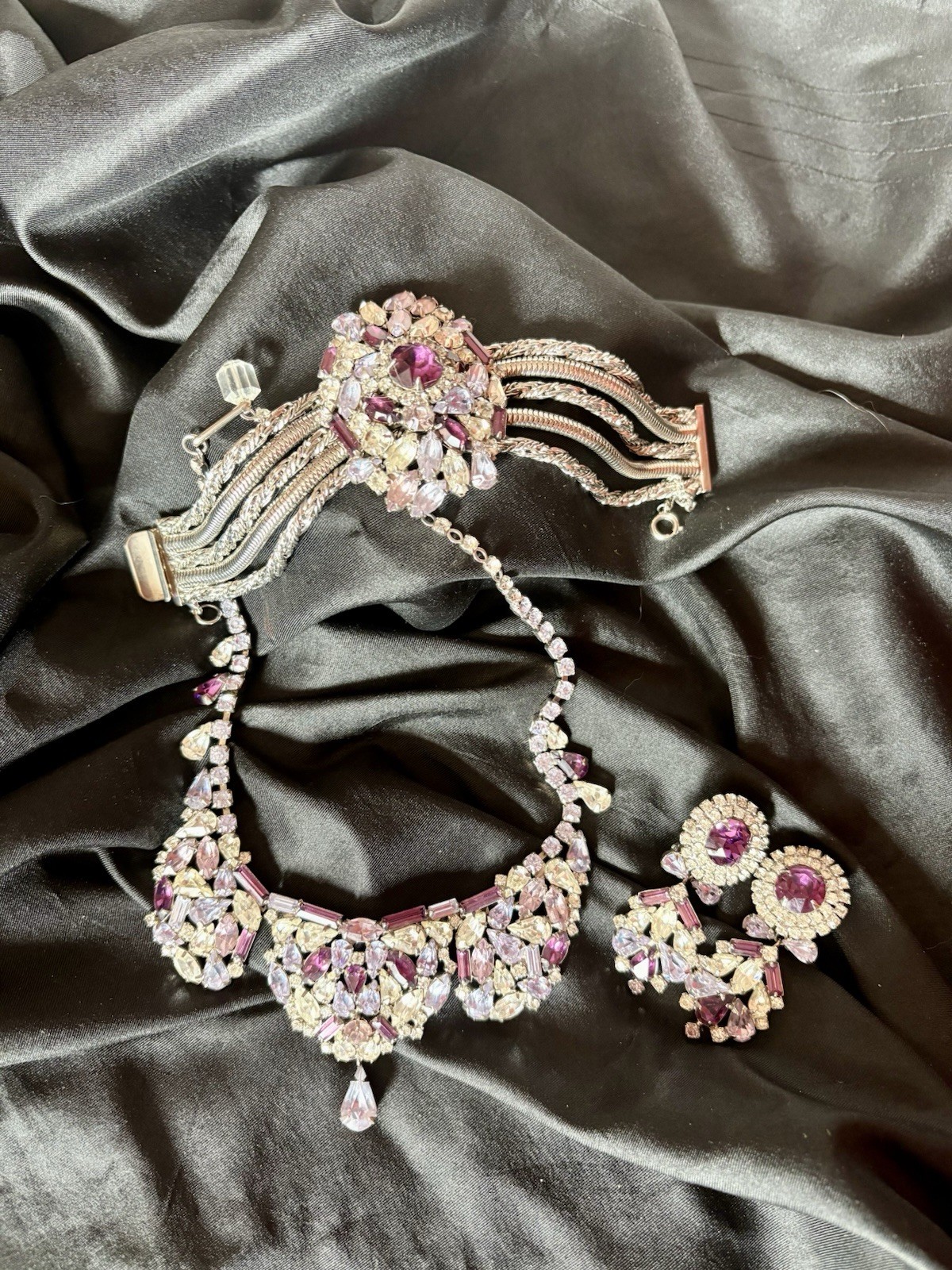 Vintage Signed Hobe’ Parure Amethyst Rhinestone Necklace Bracelet Earrings RARE
