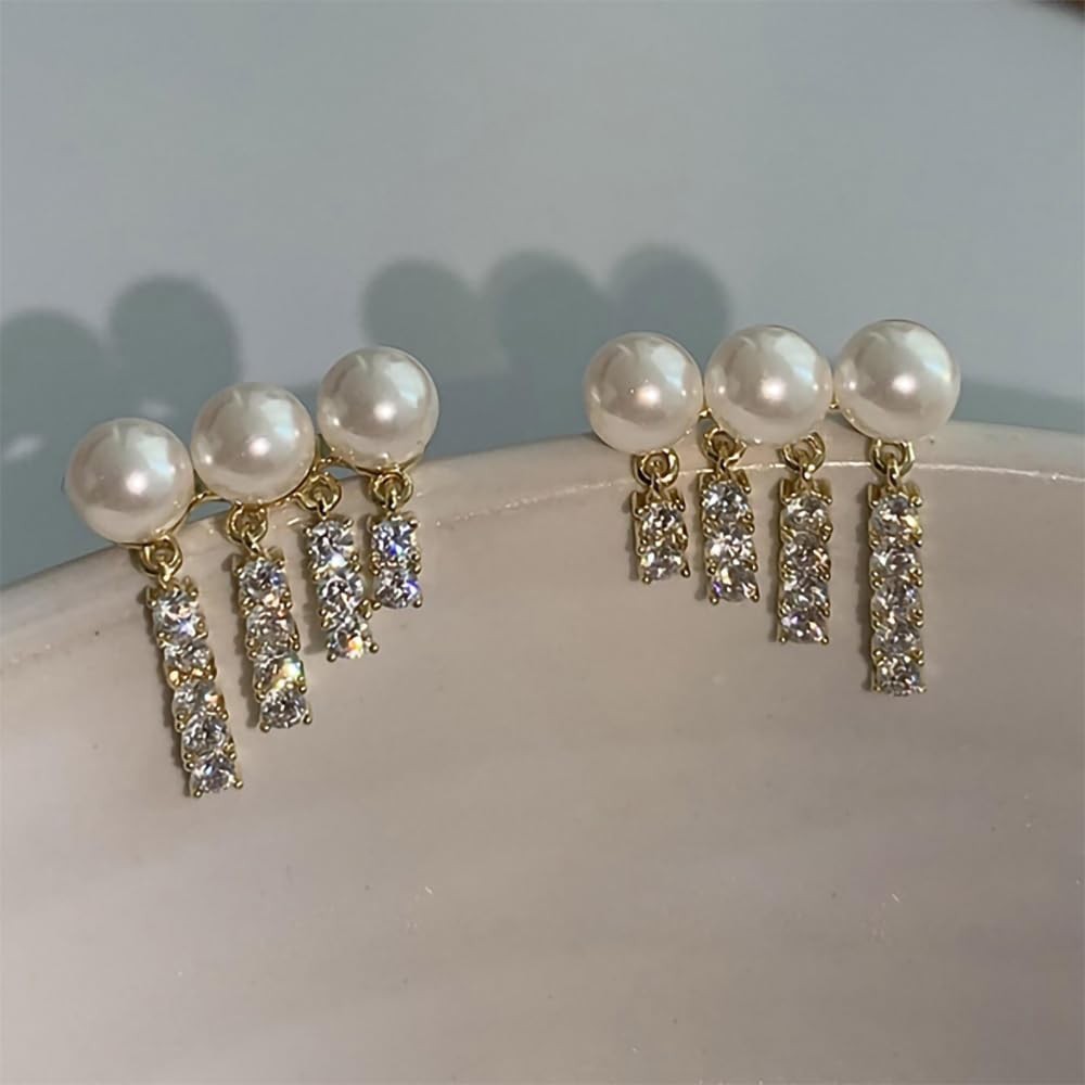 Pearl Crystal Tassel Earrings for Women Trendy Round Pearl Stud Earring Gli – 01