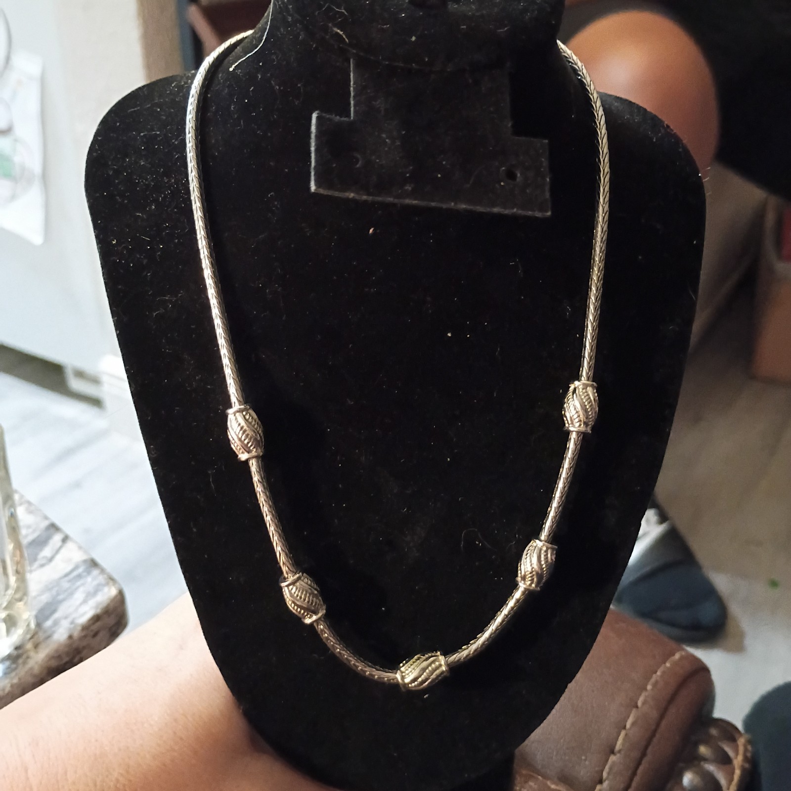 Silver Tone Snake Chain Beaded Station Necklace, Metal, No Stone