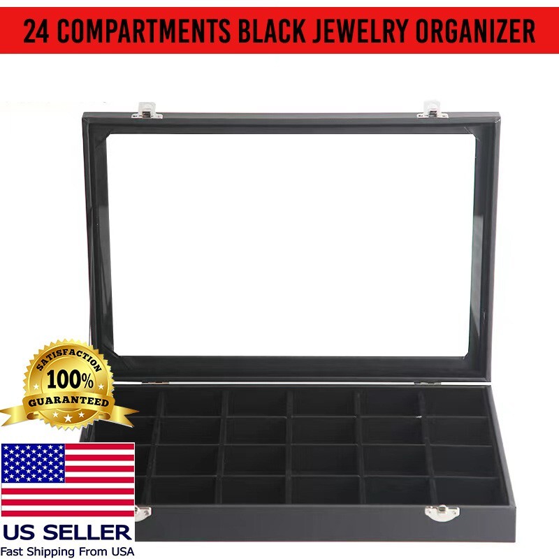 Jewelry Organizer Tray with Clear Lid 24 Grid Velvet Drawer Jewelry Storage