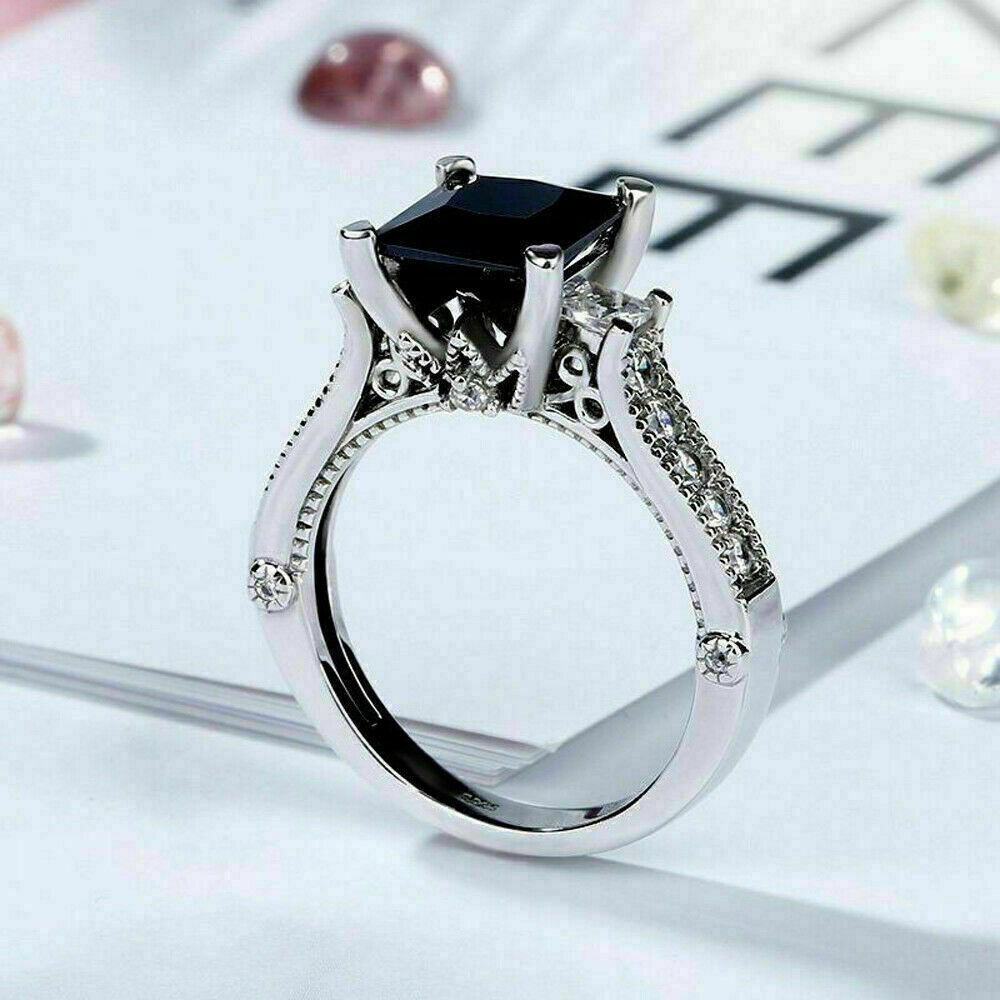 2.76Ct Princess Cut Black Diamond Simulated Engagement Ring in 14K White Gold