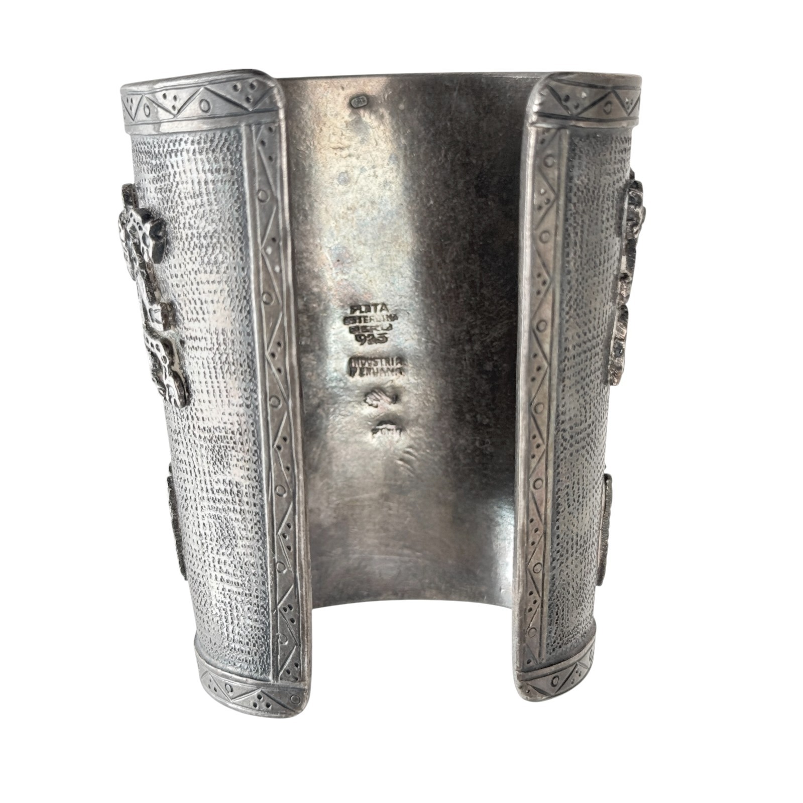 925 Sterling Silver Gauntlet Bracelet, Peruvian Pre Columbian Motif, Signed 187g