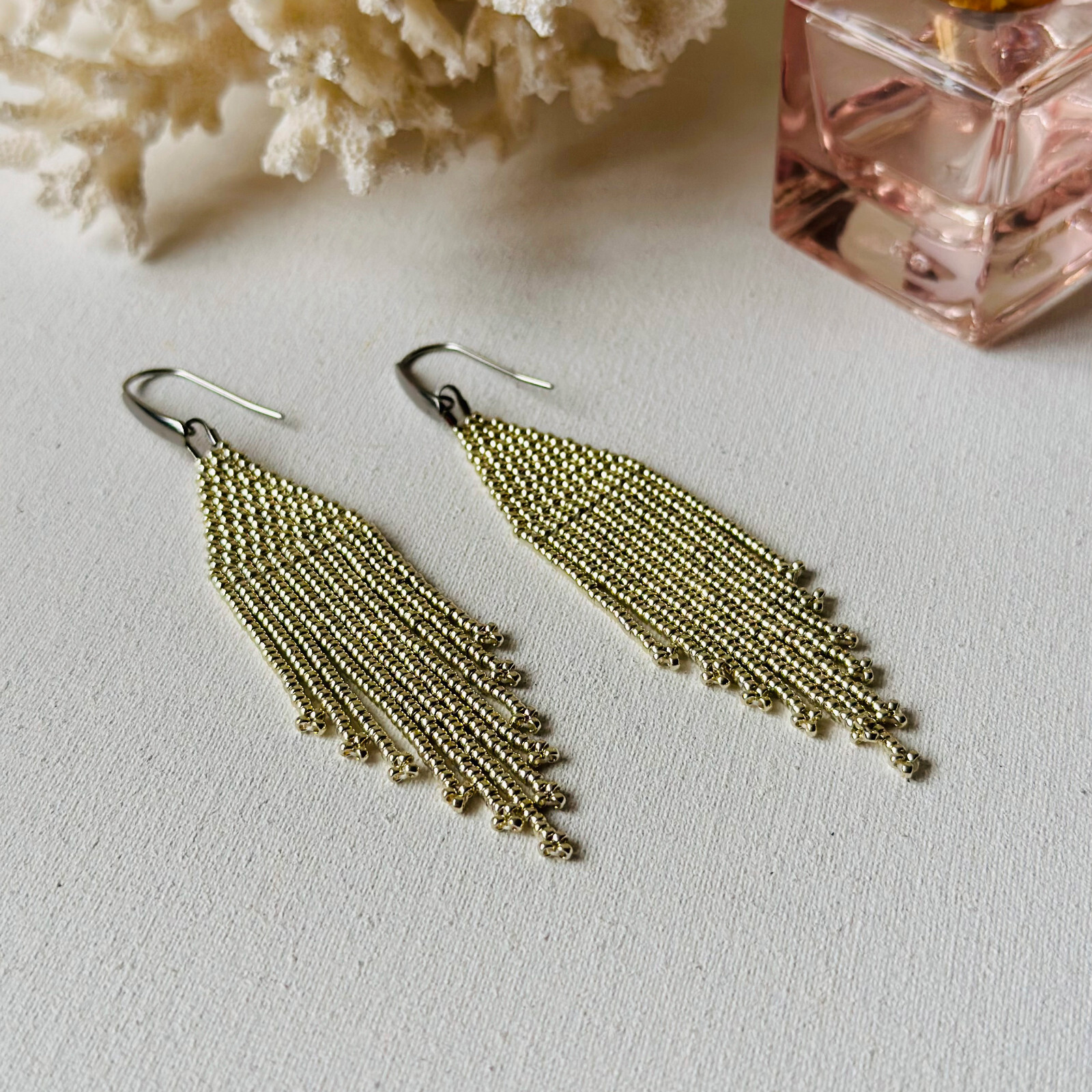 Silver beaded earrings with fringe, Shining long Miyuki seed bead earrings
