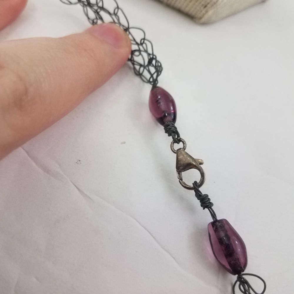 Wire Wrap Beaded Necklace Rainbow Blue 16 inch Pink Purple Green