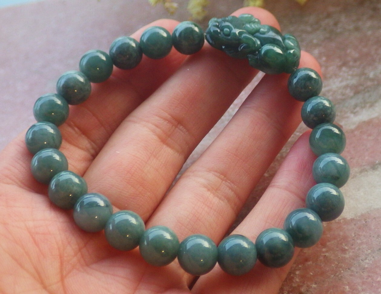 1 piece Green A JADE Jadeite Beads Bangle Dragon Pi Xiu Bracelet 6 inches 694382