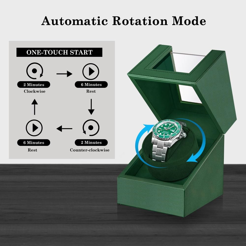 Green Automatic Watch Winder with Japanese Quiet Motor Battery/AC Powered