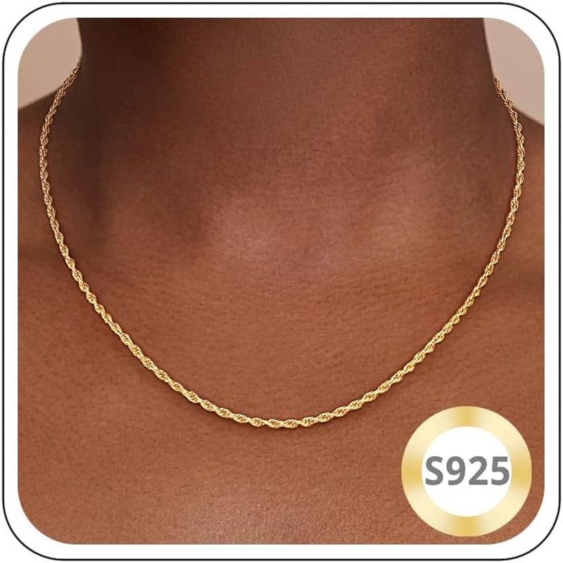 1.5Mm 2Mm Rope Chain 925 Sterling Silver Chain Necklace for Women, 14K Gold Plat