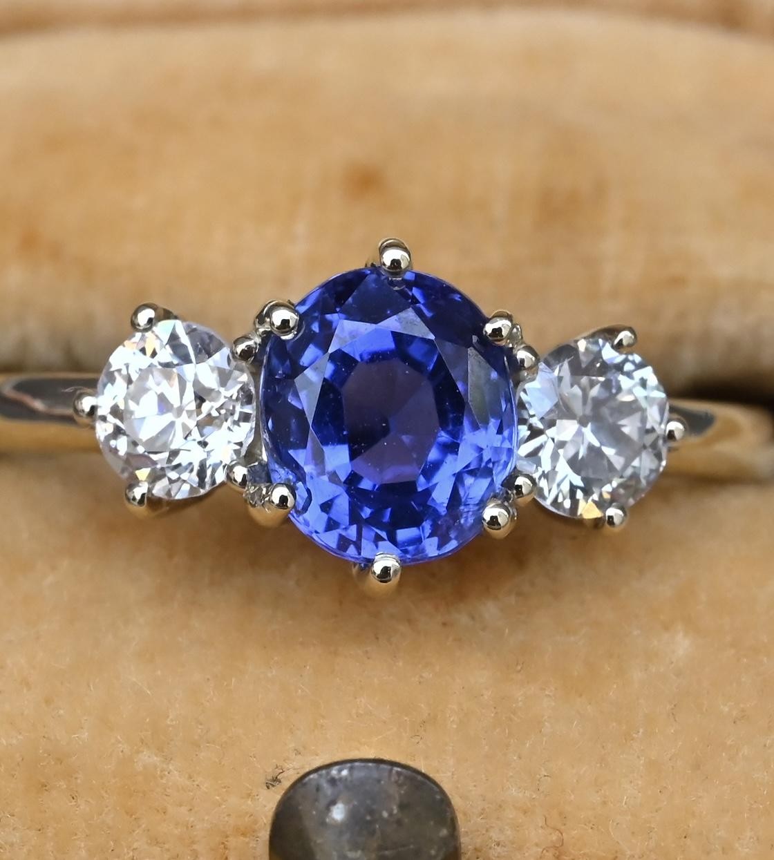 GIA 1.54ct Burma No Heat Sapphire With Old European Cut Diamonds 18K Gold Ring