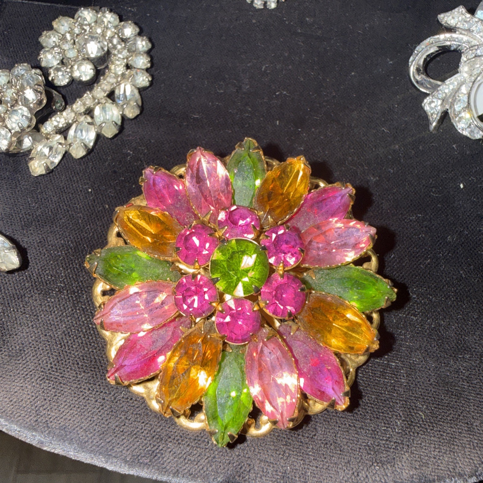 Brooch Pin Green Orange Amber Margarita Rhinestones Juliana PINK & GREEN UV GLOW