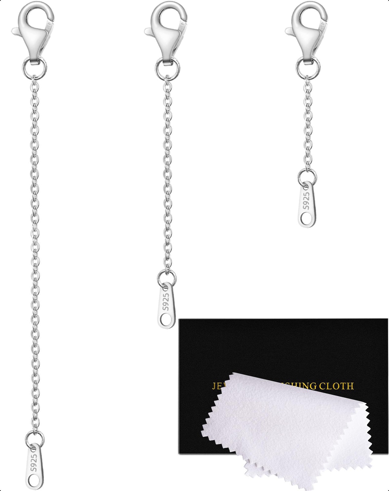 3 Pcs Sterling Silver Necklace Extenders Jewelry Extension Chain for Bracelet