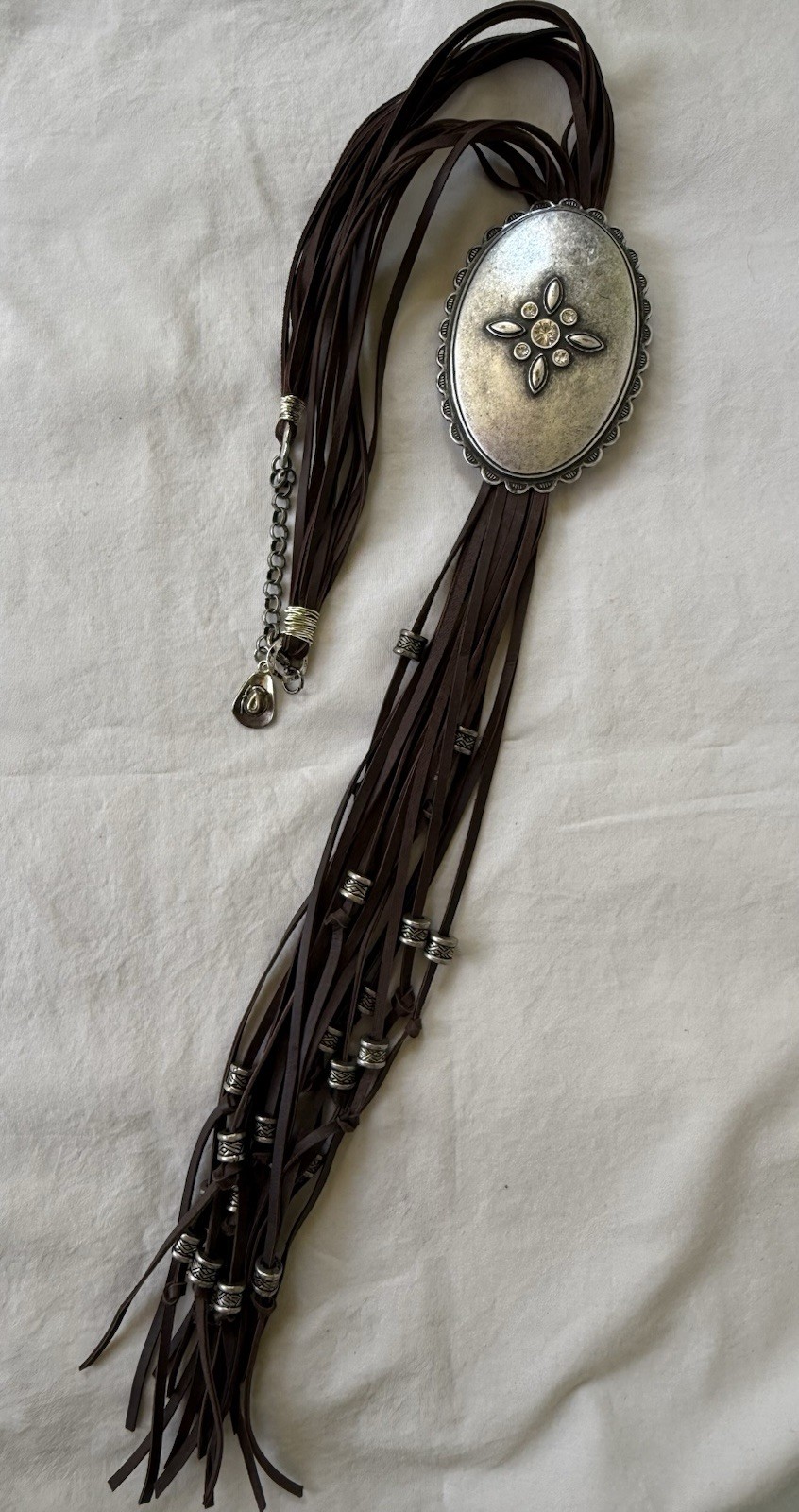 Brown Leather Fringe statement Concho Necklace Silver tone Adj 24”