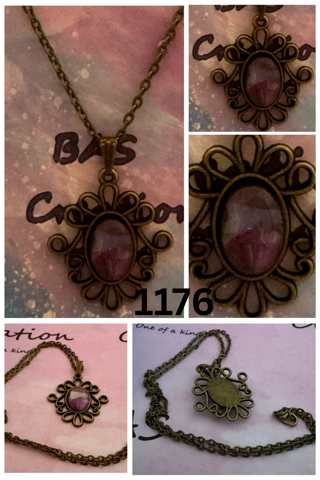 Bronze Filigree Cabochon Pendant One of a kind Hand-Painted by a local Artist Me
