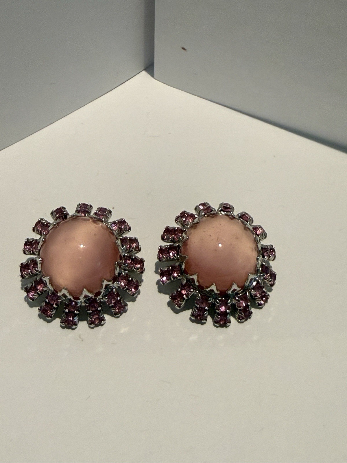Vintage 1950s Pink Moonglow Rhinestone Cluster Clip Earrings MCM