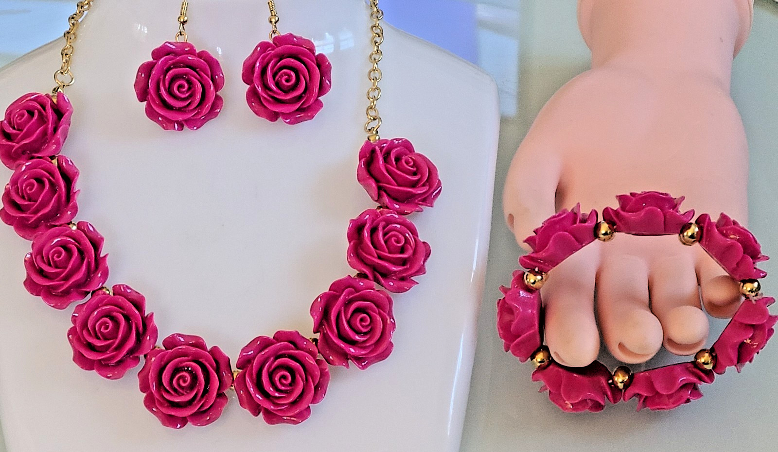 NEW HOT PINK Carved Resin Rose Jewelry Set Necklace Bracelet Earrings 21″