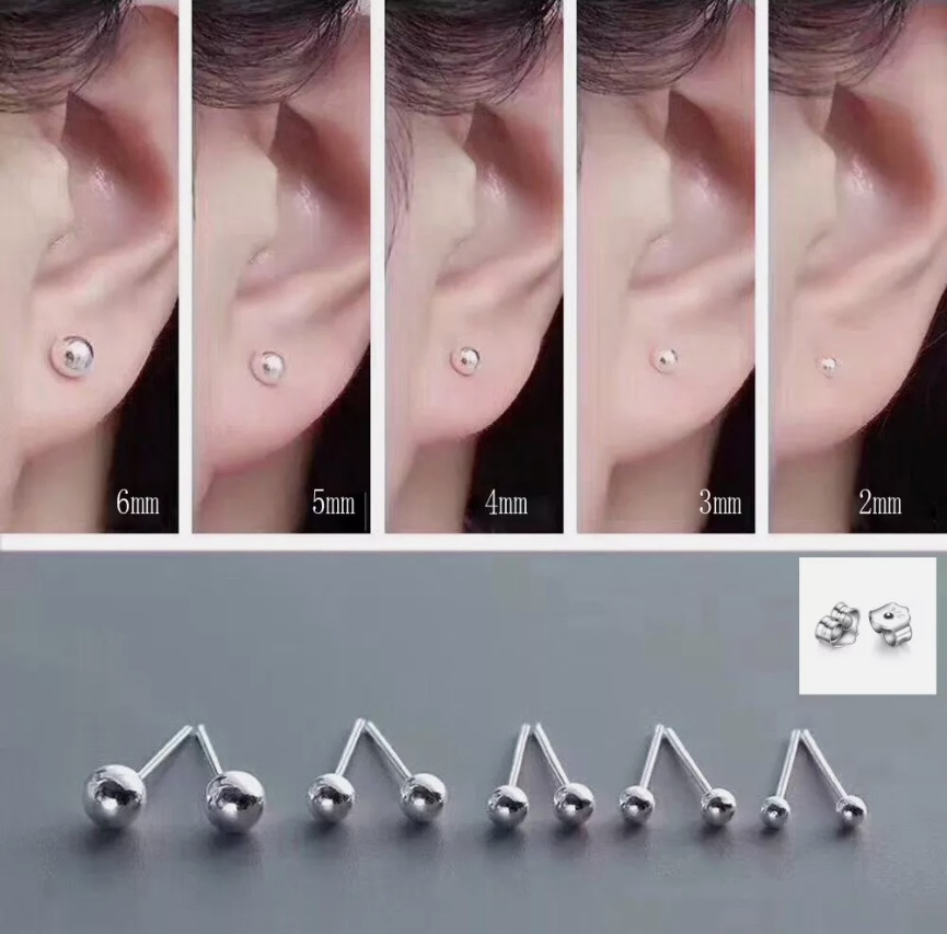 2/3/4/5/6mm 925 Sterling Silver Polish Round Ball Stud Earrings Post Black H8