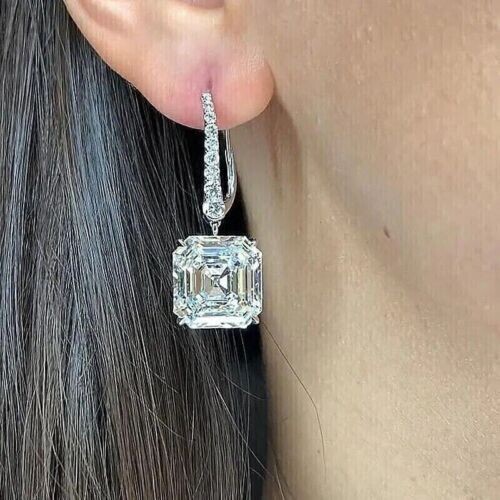 2.58ct Asscher Lab Created Diamond Solitaire Drop Leveback Earring 925 Silver