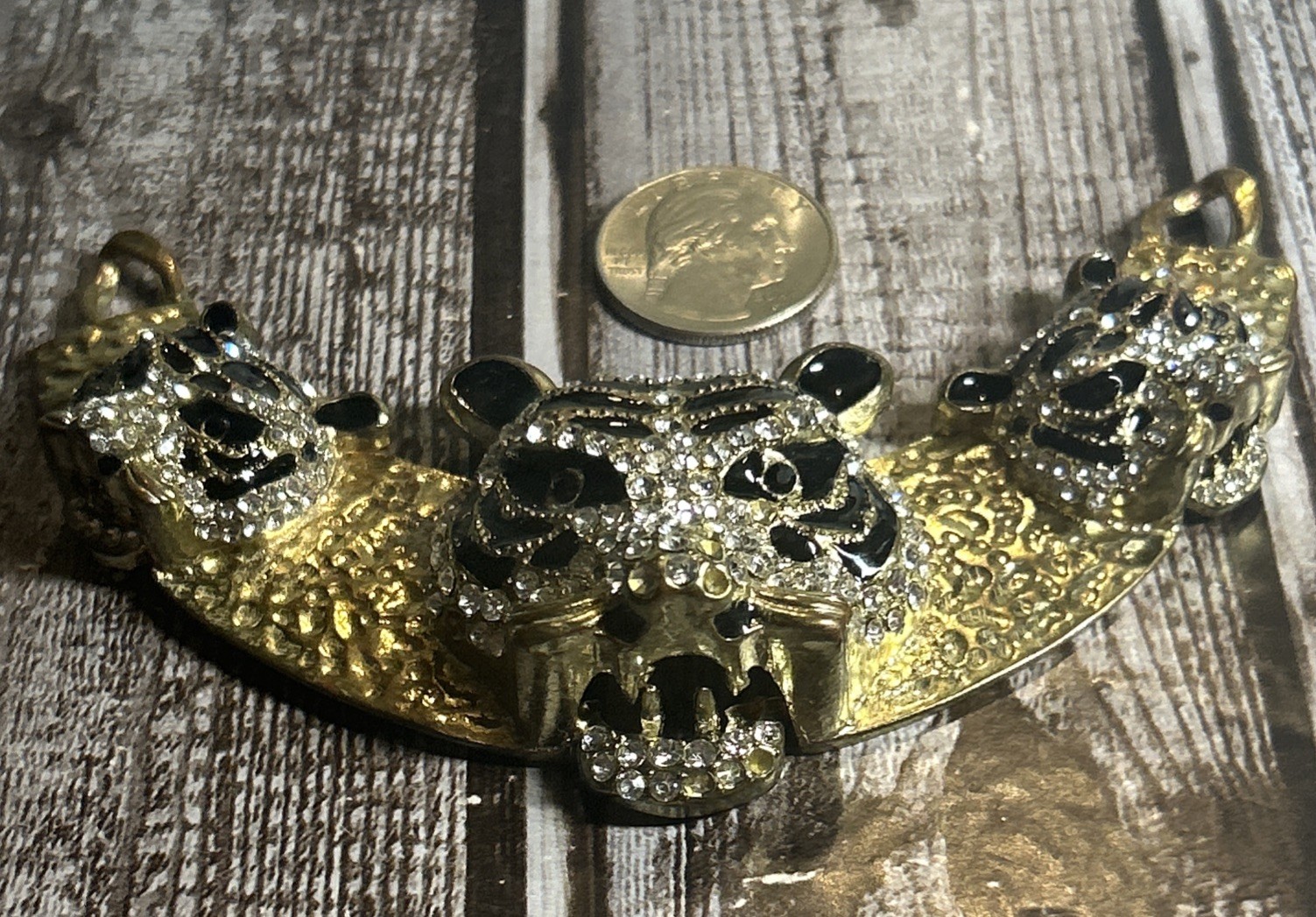 White Tiger Pendant on Hammered Brass with Diamond Rhinestones And Black Enamel
