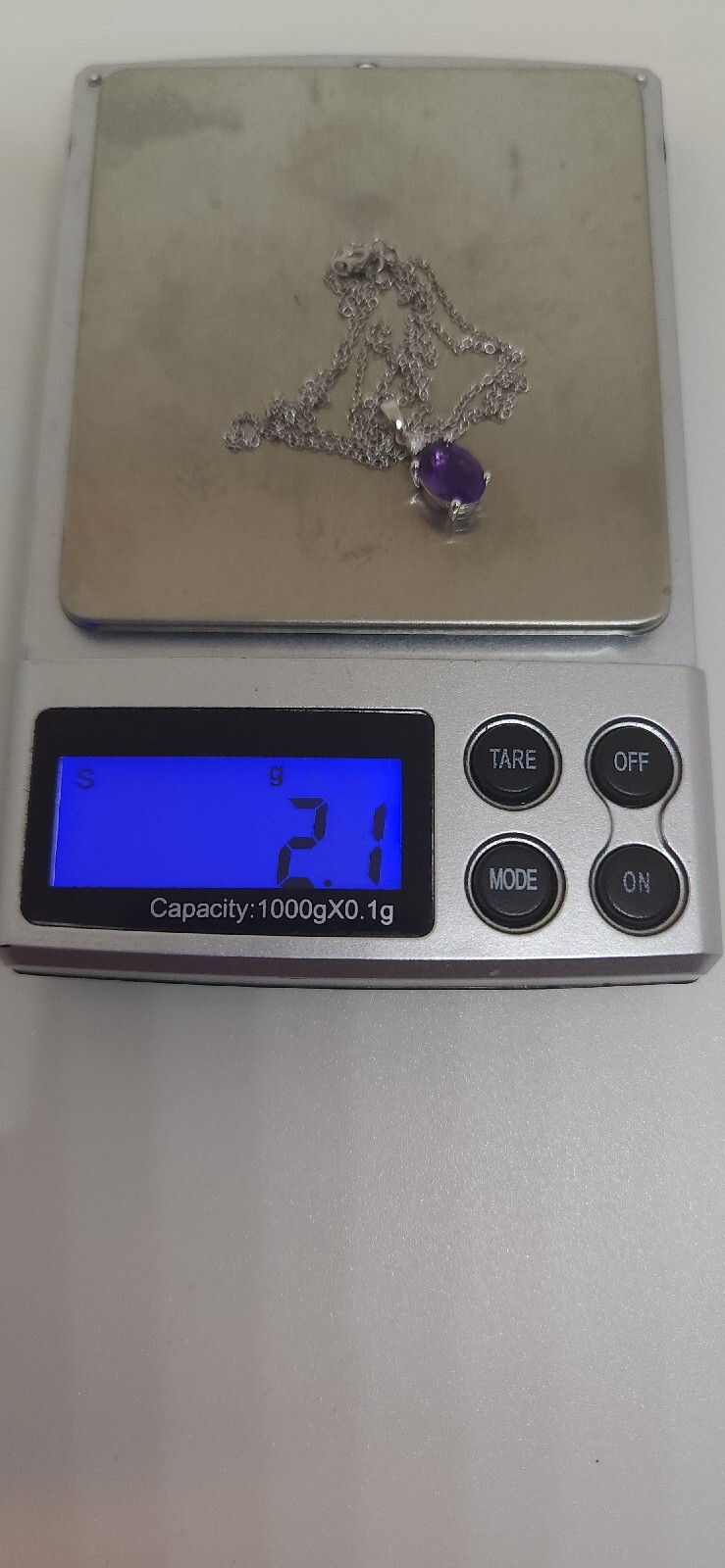 14k White Gold Amethyst And Diamond Pendant With 18 Inch Chain 2.1 Grams