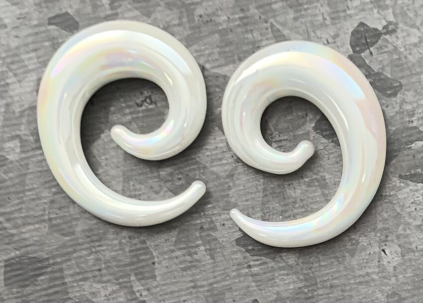 PAIR White Lucifer Glass Spiral Tapers Expanders Plugs Gauges Body Jewelry