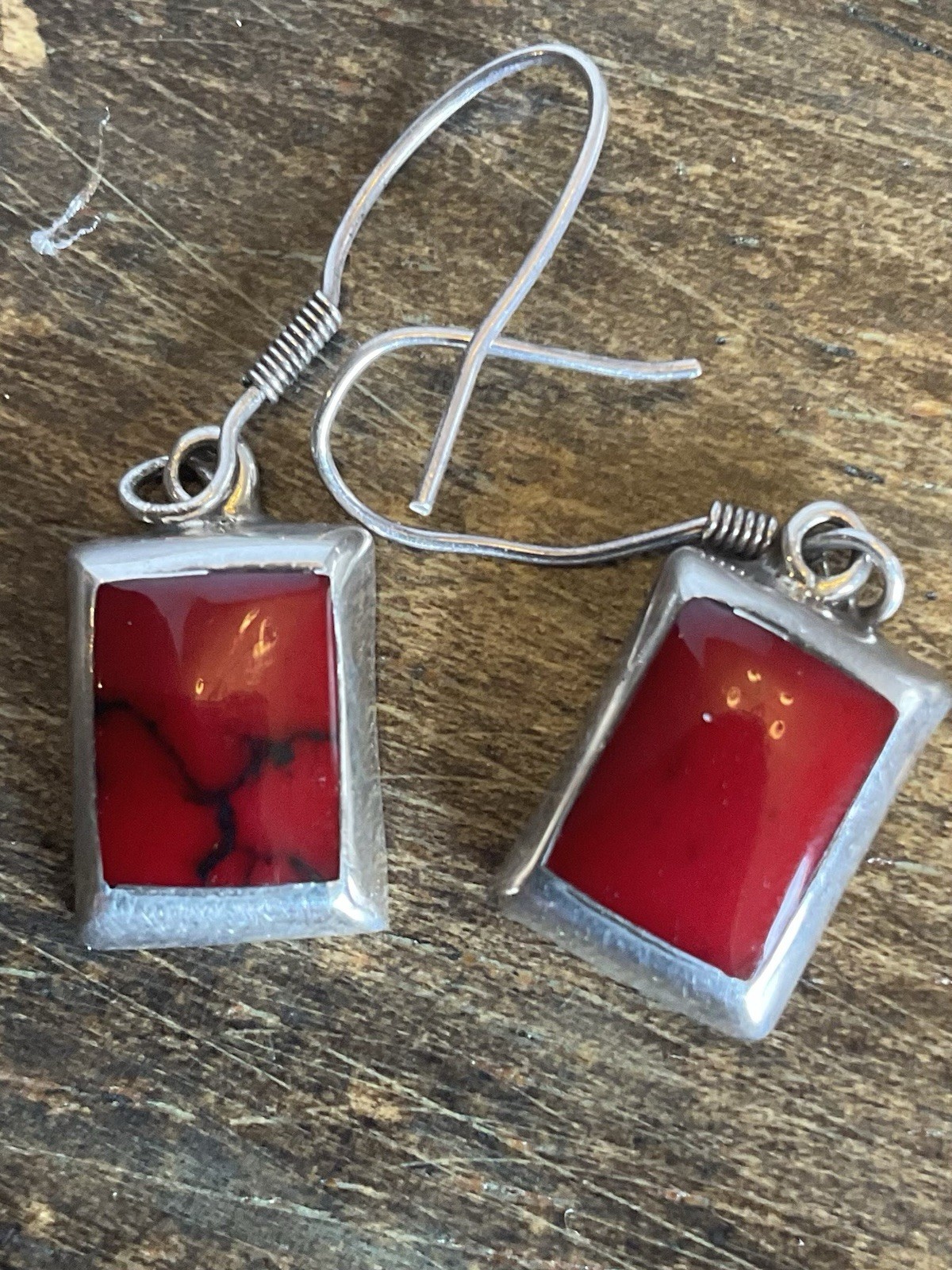 Sterling Silver 925 Red Jasper Dangle Earrings – Rectangular Cabochon – Artisan