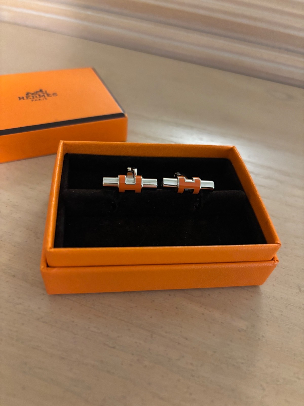 Hermes Cufflinks Iconic Orange H Logo Excellent Condition