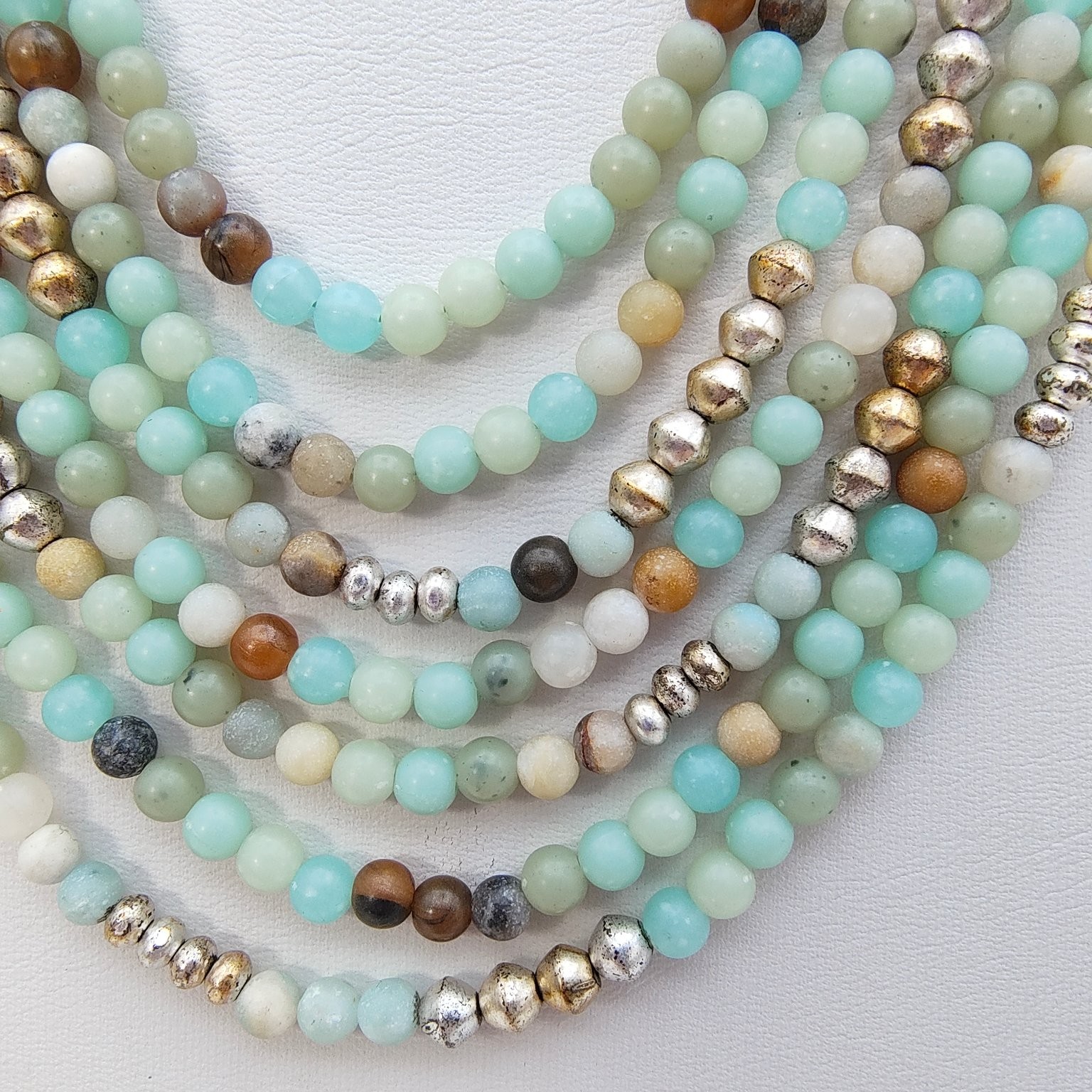 Boho Multi-Strand Beaded Necklace 18″ Amazonite Jasper Silver Tone Statement