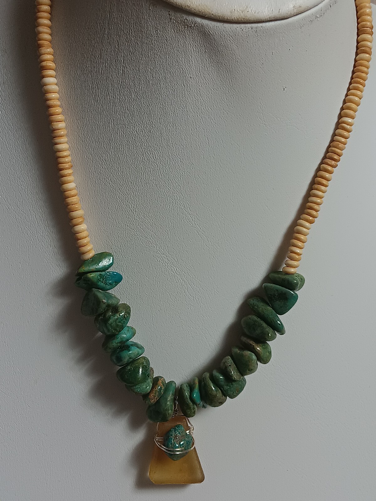 Vintage American, Turquoise Nuggets, And Wooden Bead Necklace with Seaglass 18″