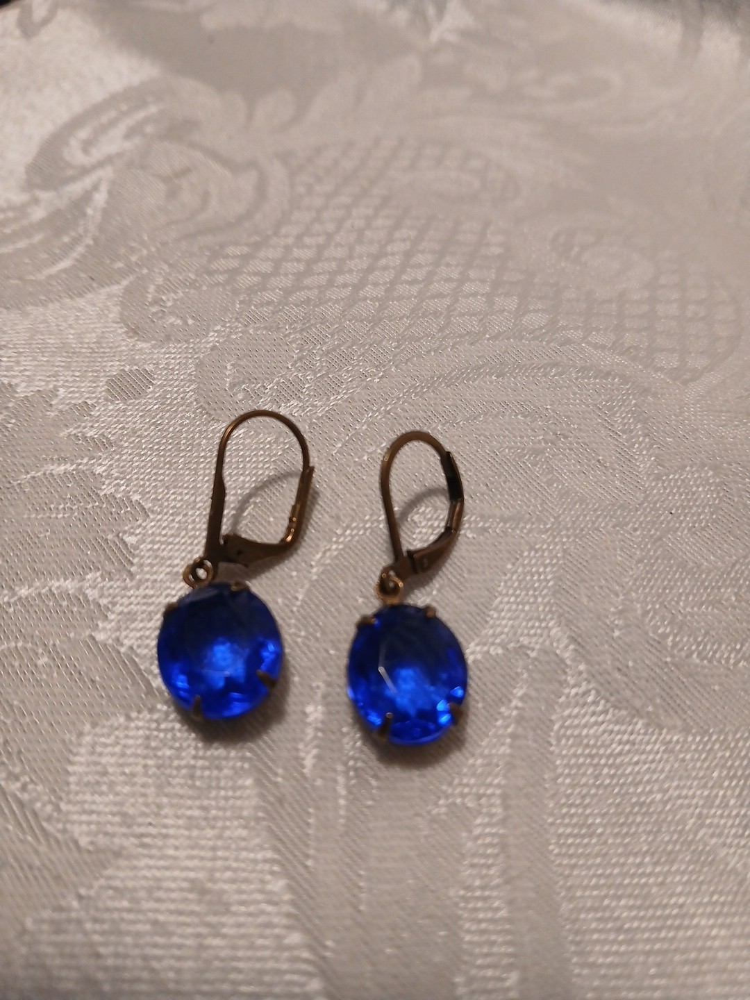 Vintage Cobalt Blue Faceted Glass Dangle Earrings, Brass Metal Prong, 1″