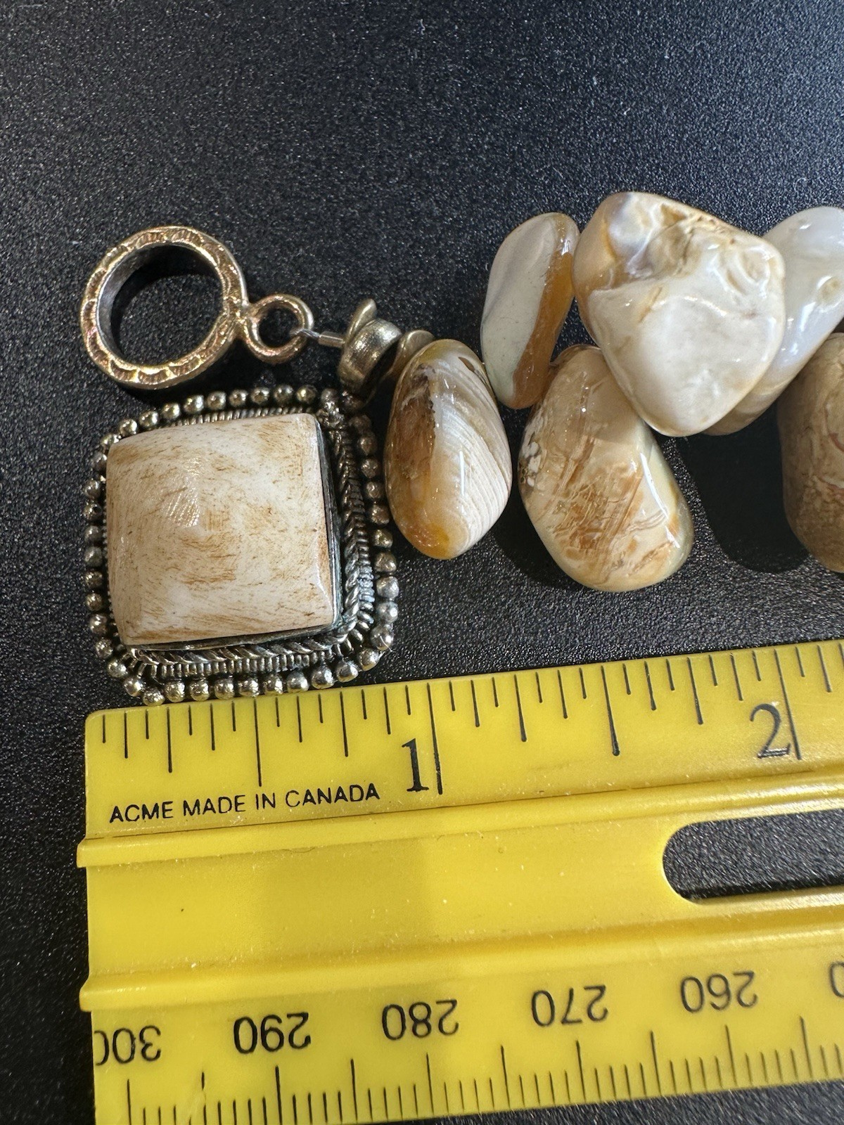 VTG 7.5” Polished Stone Bracelet W/Square Scrollwork Pendant & Toggle Clasp