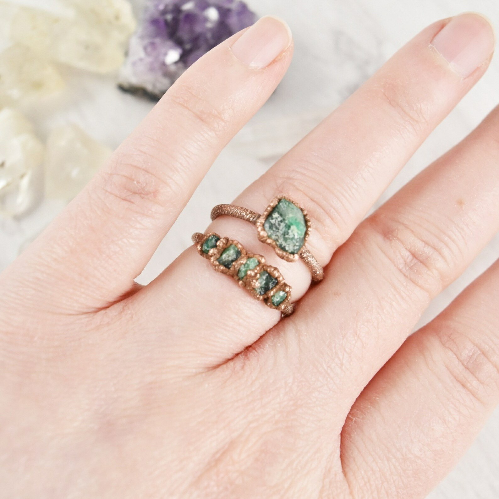 Size 6.5 Raw Emerald Ring, Natural Crystal, Antique Copper, Boho Jewelry