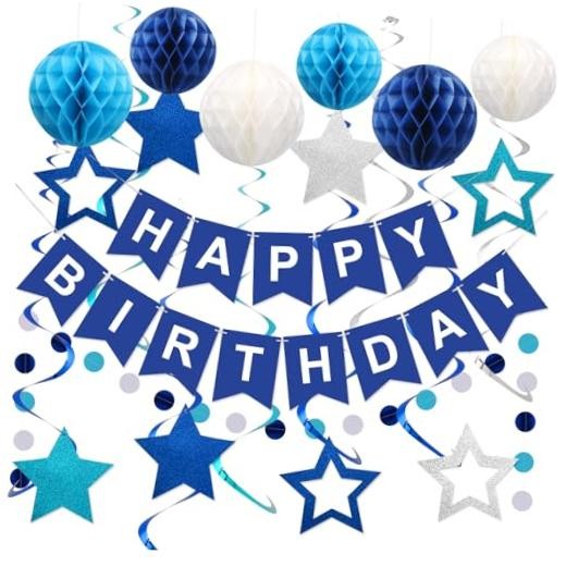Birthday Decorations, Happy Birthday Banner with Honeycomb Balls, Stars Blue