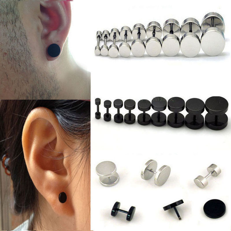 1Pair Mens Barbell Punk Gothic Stainless Steel Ear Studs Earrings