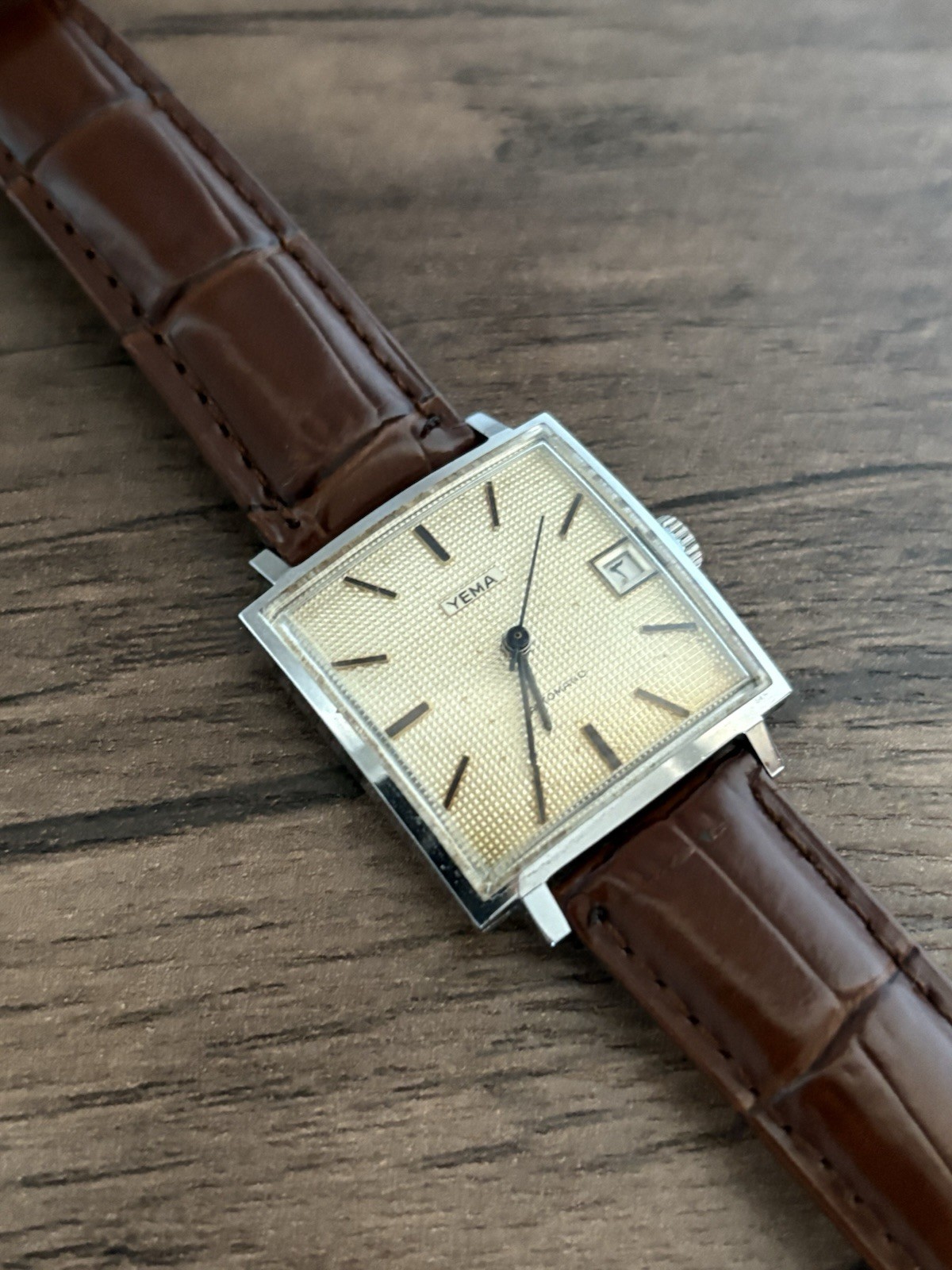 Vintage Yema Automatic Arabic Date Textured Dial Square 29mm Swiss