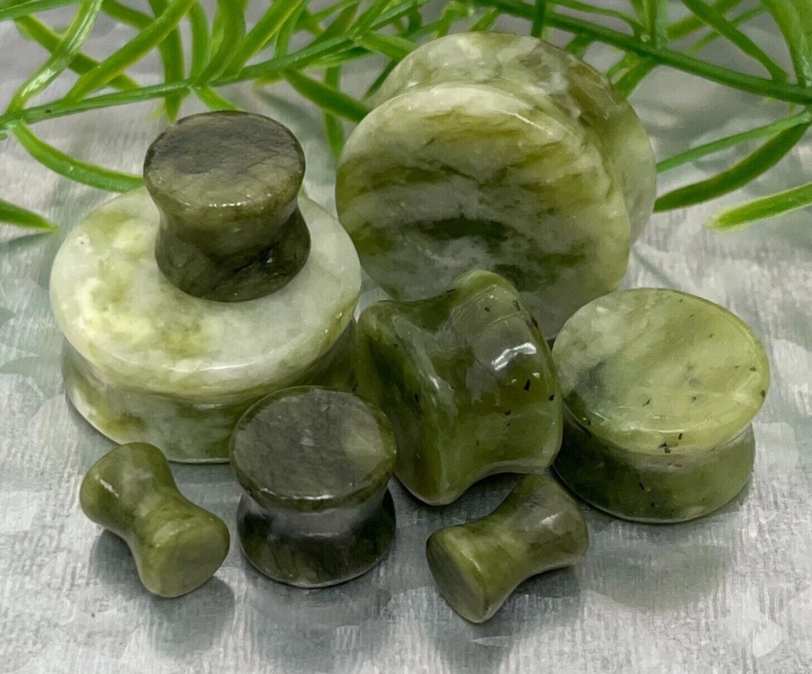 PAIR Natural South Jade Green Stone Double Flare Plugs Organic Gauges
