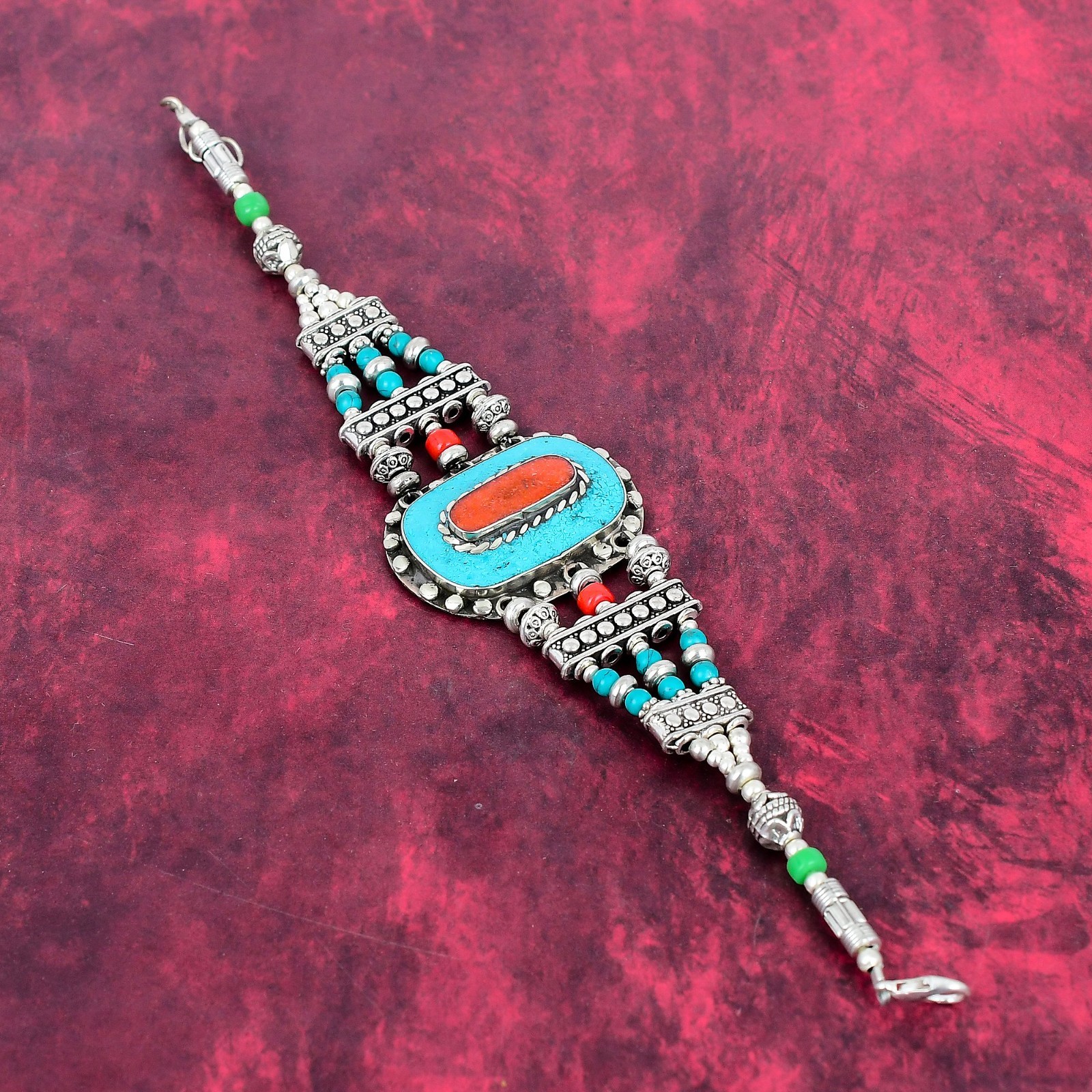 Turquoise, Coral Gemstone Handmade 925 Sterling Silver Nepali Bracelet Jewelry
