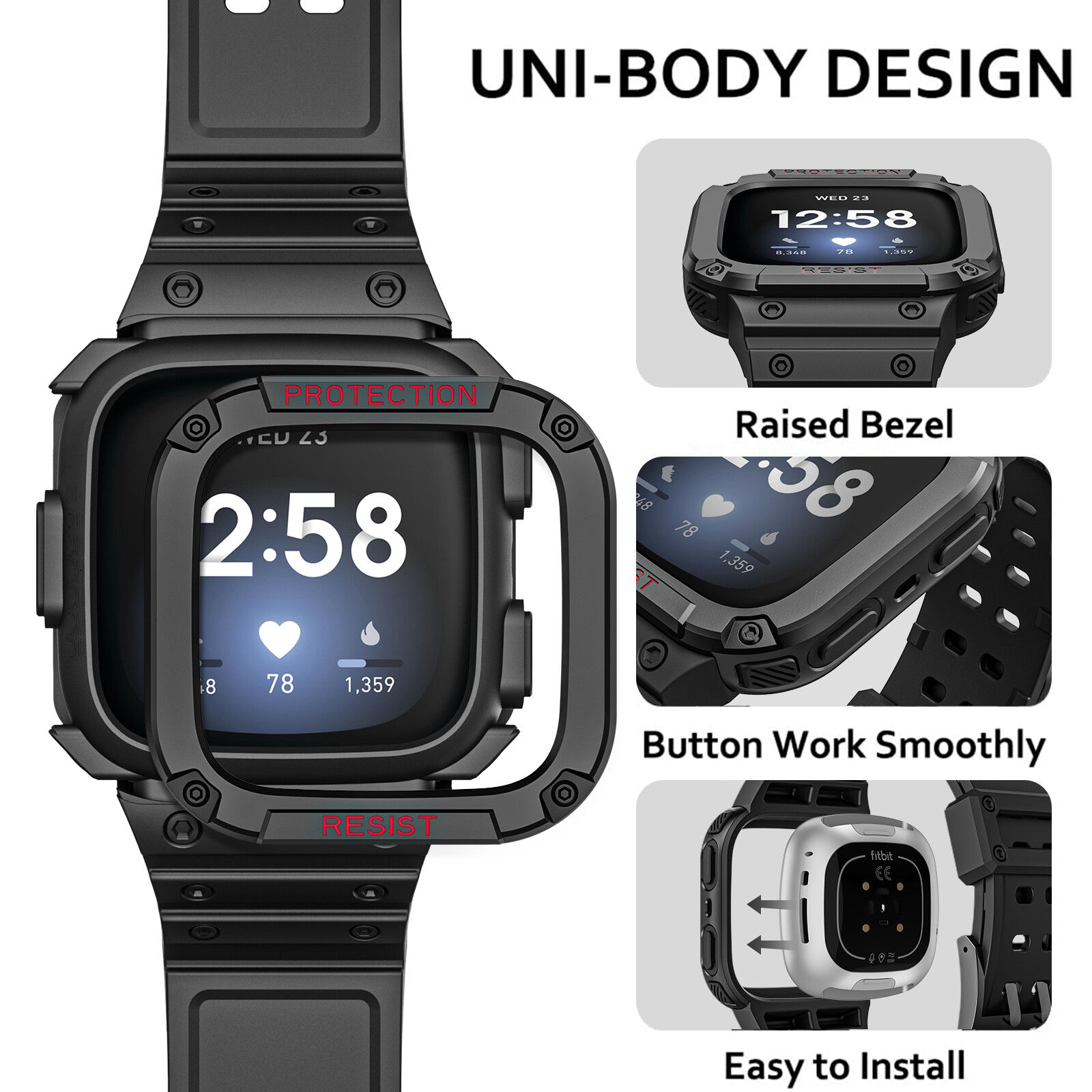 Band with Case for Fitbit Versa 3/2/Sense Rugged Men Sport Band Protective Cover