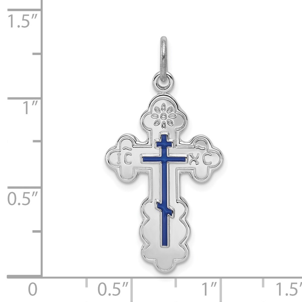 Rhodium-Plated Sterling Silver Eastern Orthodox Blue Enamel Cross Pendant