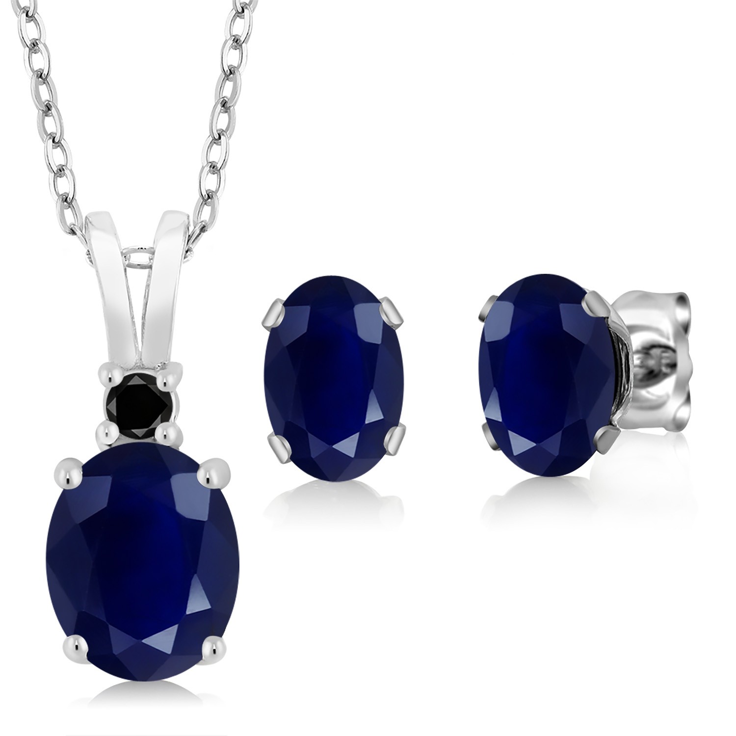 3.90 Cttw Sapphire and Black Diamond Pendant and Earrings Jewelry Set For