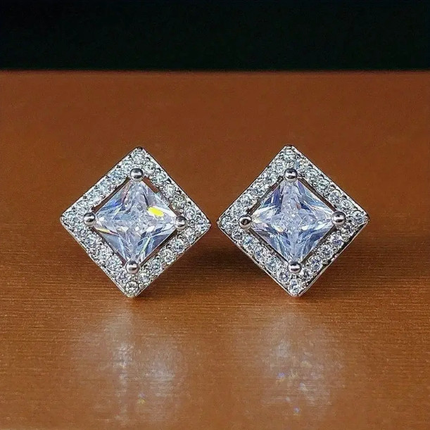 Cubic Zirconia Earrings Princess Cut Stainless Steel Post Back