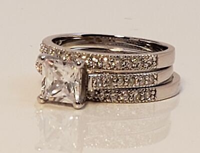 1.81cttw CZ 3 pc Engagement Ring Set Womens Radiant Sterling Silver Sz 5.5 -9.5