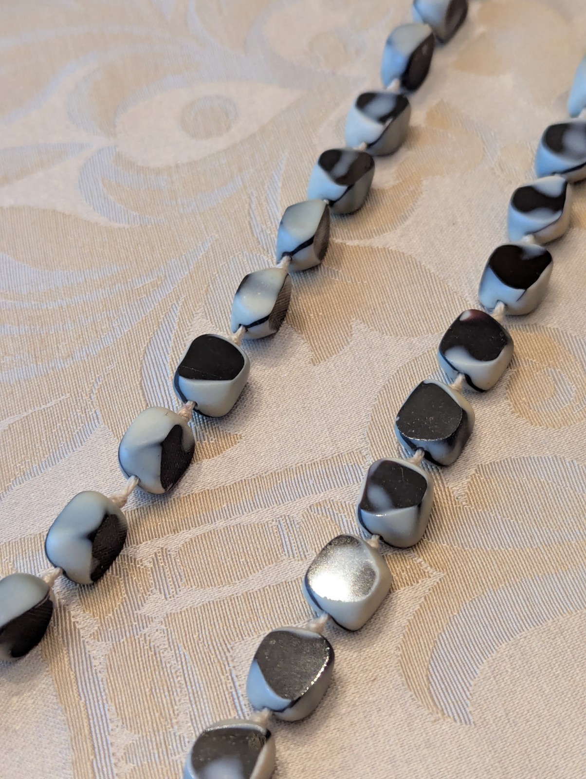 Vintage Black, Gray, White Marbled Glass Beaded Necklace