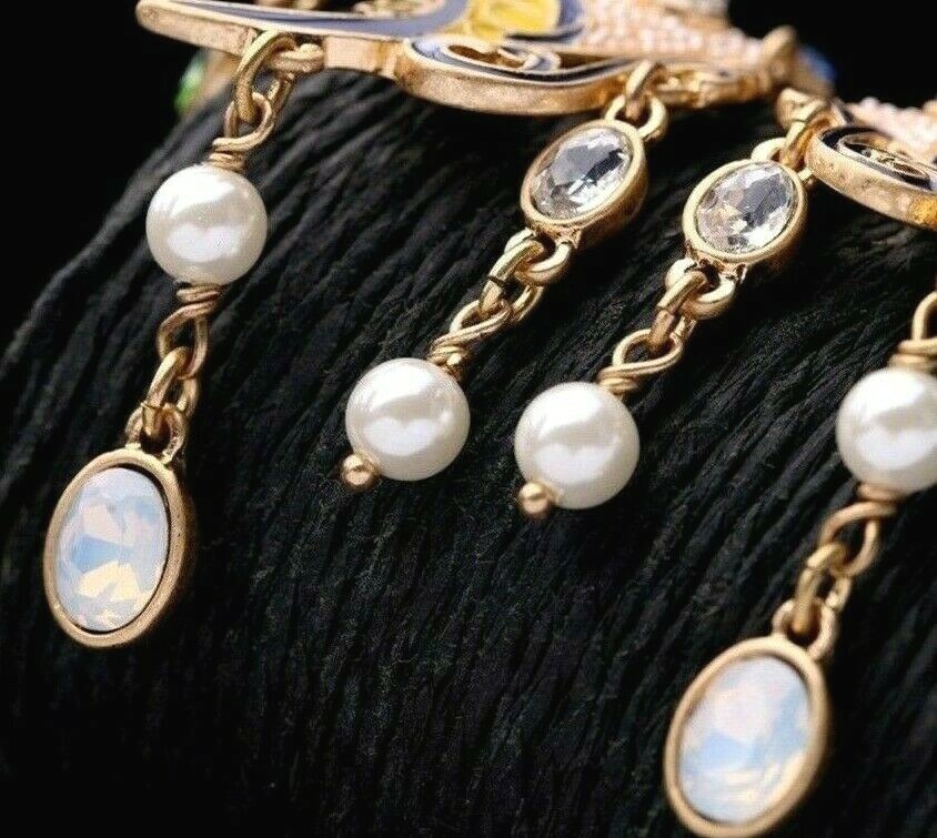 US Seller Betsey Johnson Metallic Jewel Fish Dangle Earrings Blue Yellow Pearl