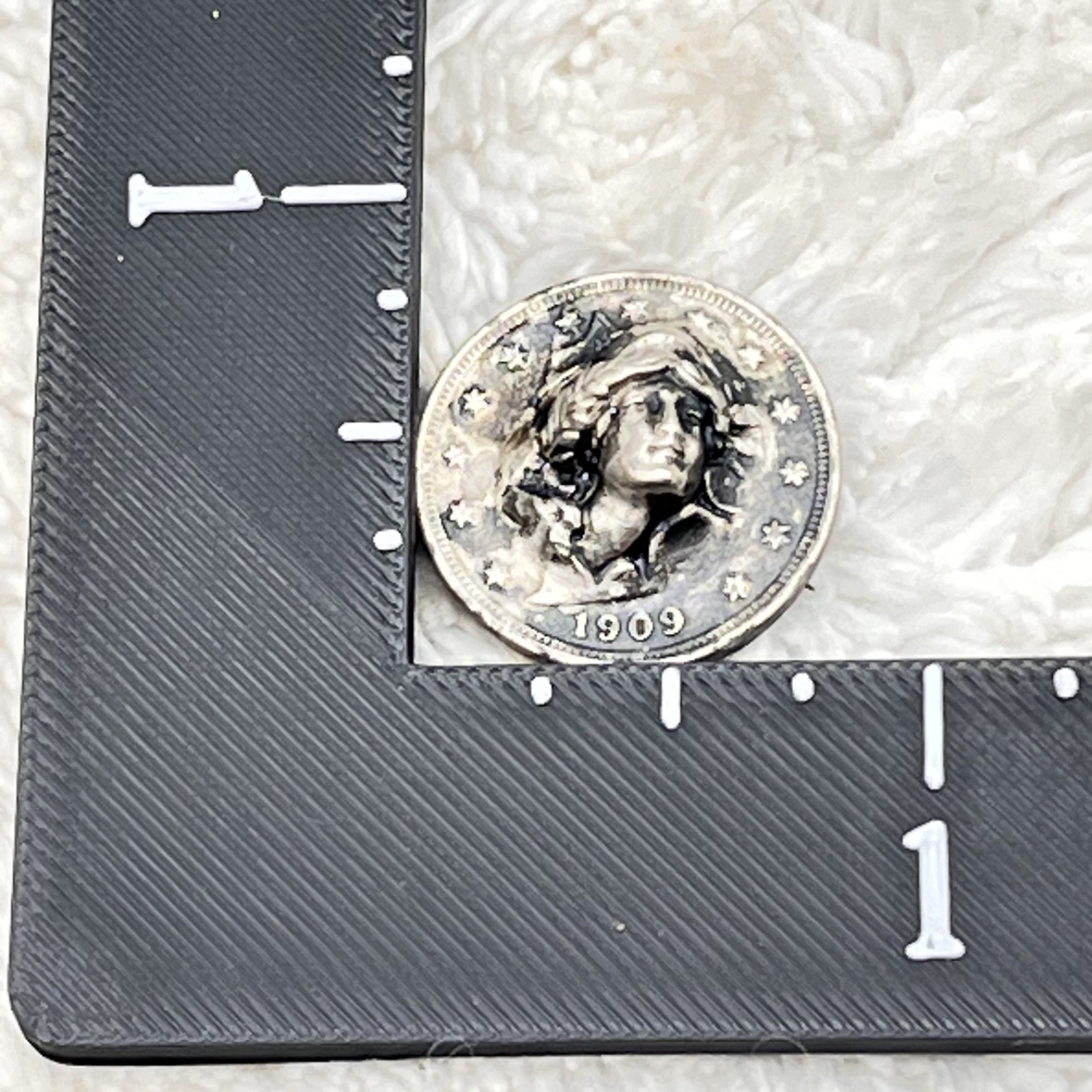 Vintage Antique 1909 Liberty Head Coin Brooch Lapel Pin 3D Face Silver Tone .75″