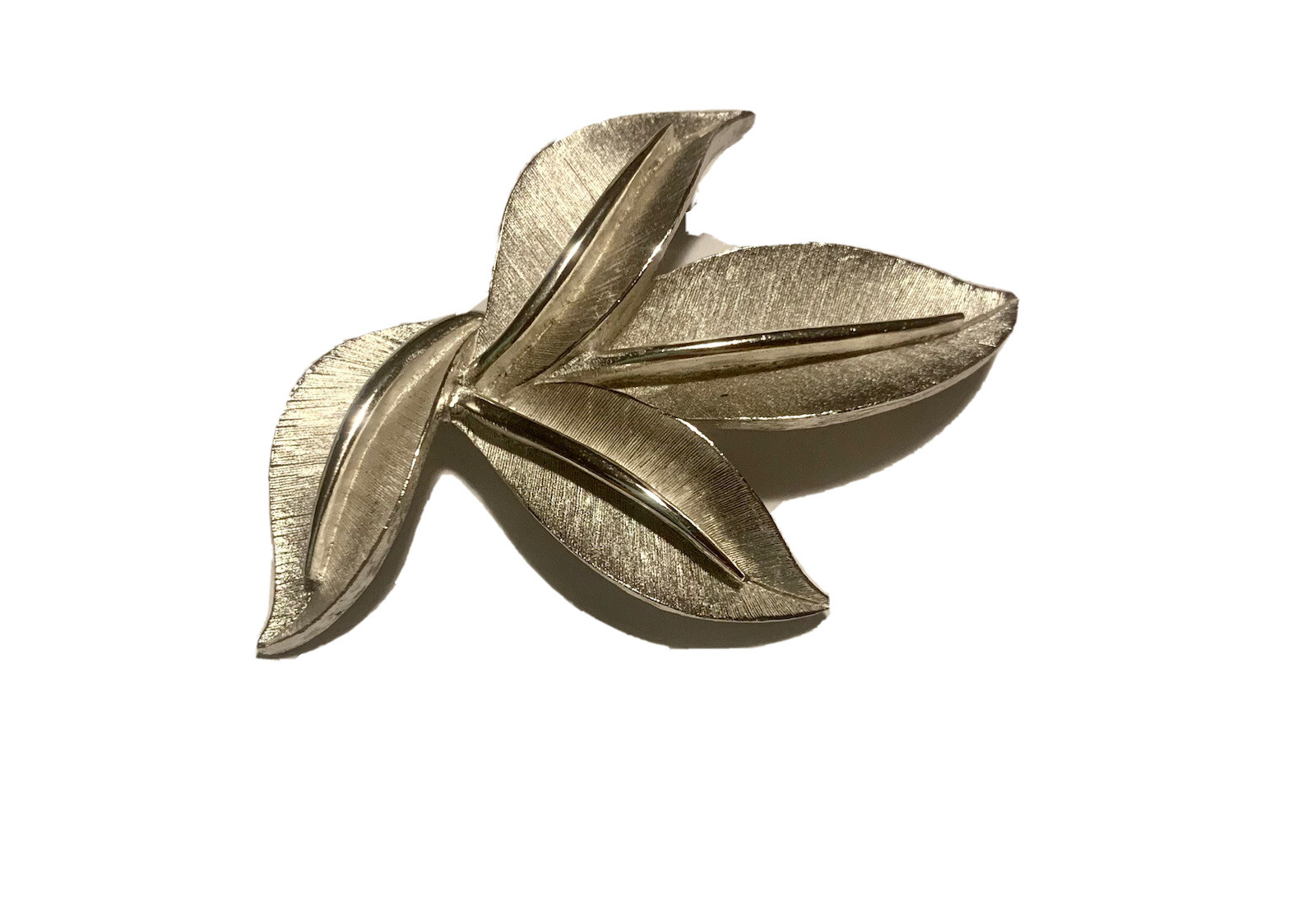 Vintage Crown Trifari Brooch Signed Brushed Silver Leaves Post 1955 MCM