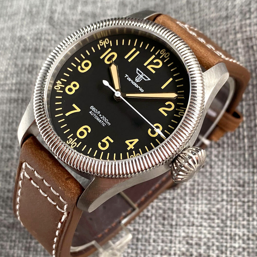 Tandorio 39mm Coin Bezel Pilot Black/Beige 20ATM Diver NH35 Automatic Men Watch