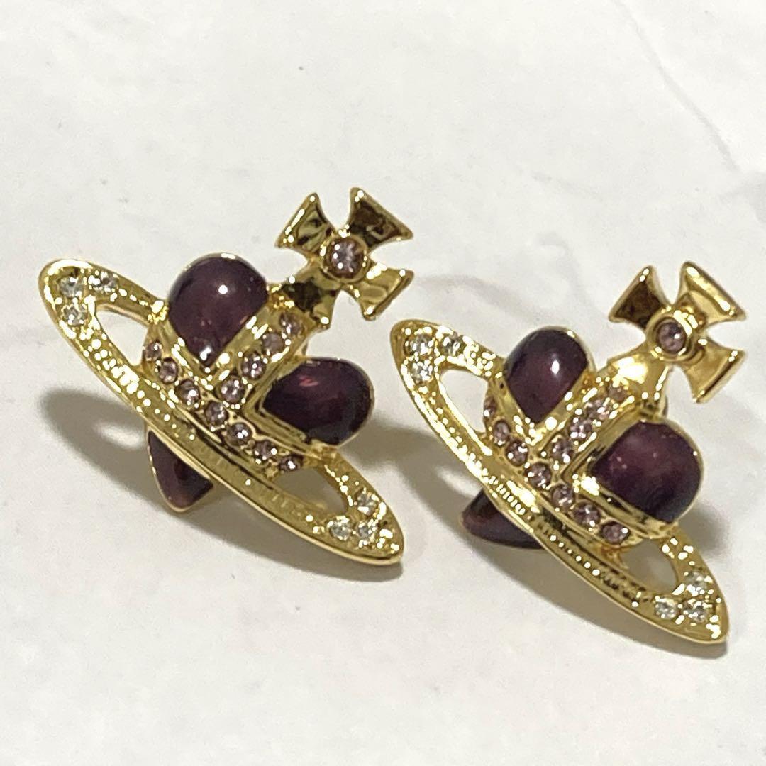 Vivienne Westwood Earrings Pierce Diamante Heart Gold Purple 2.5 cm w/drawstring