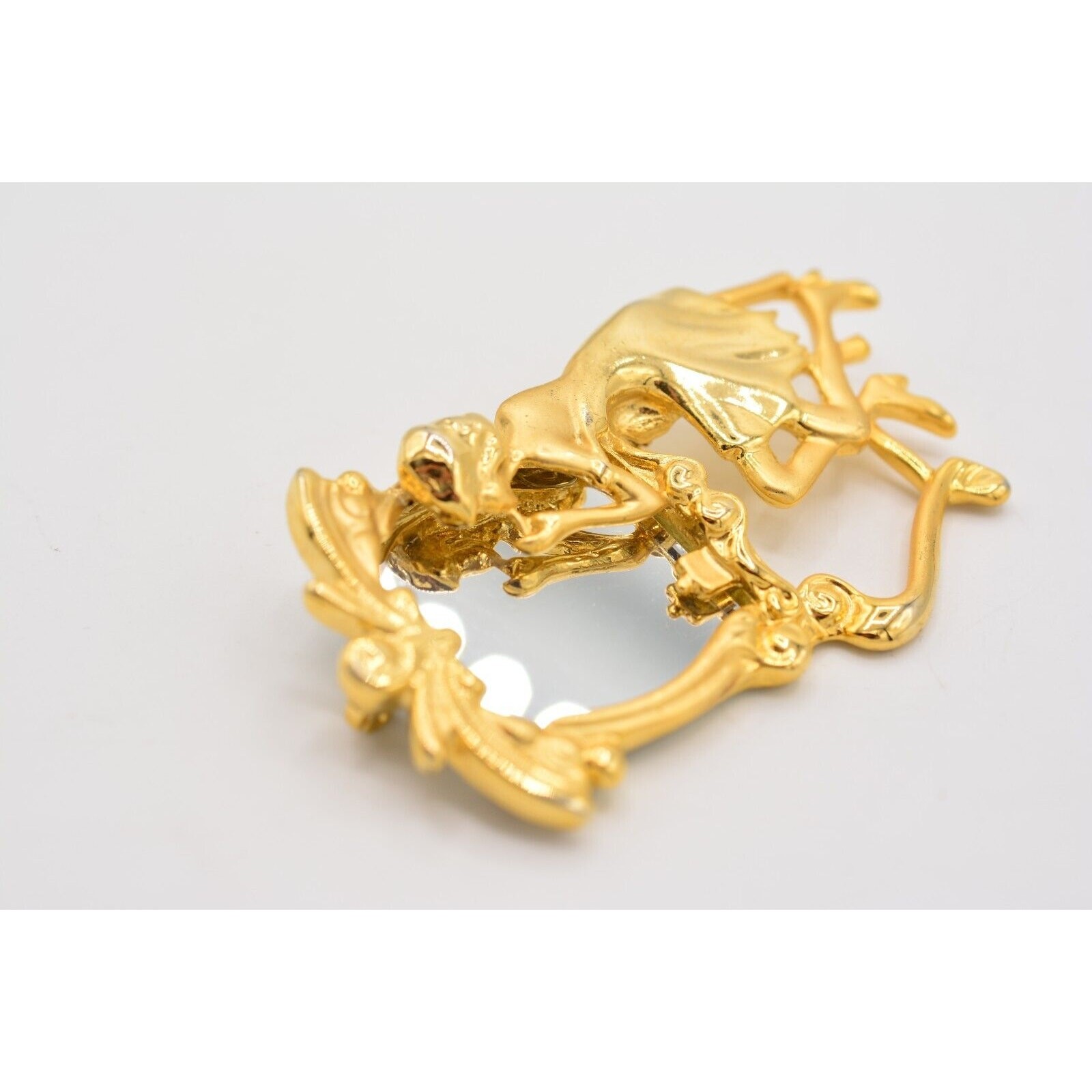 Vintage Vanity Mirror Pin Brooch Woman Beauty Brushed Gold Retro NOS 1980s BinA3